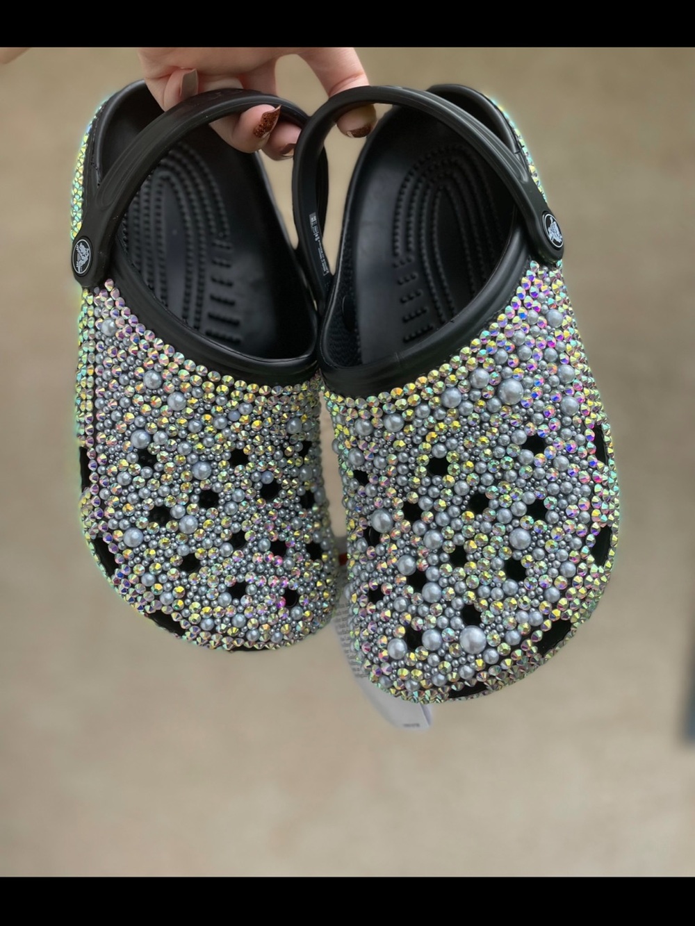 Bedazzled Black Clogs / Crocs with Iridescent crystals & pearls
